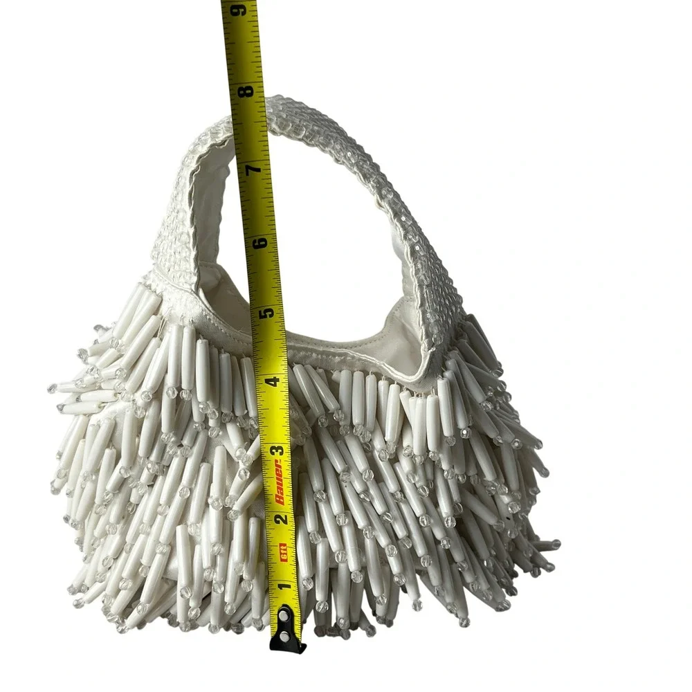 Beaded Fringe Handbag Ivory Mini Top Handle Evening Statement Bag - Picture 5 of 6